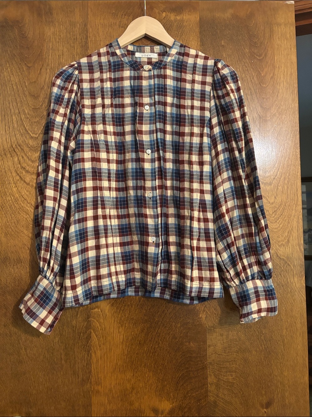 Doen Plaid Button-Front Blouse in Red, Blue & Cream